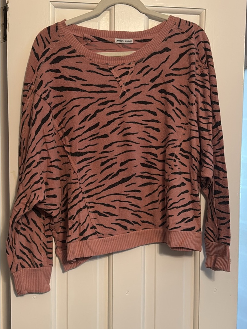 Sweet Romeo Mauve Pink and Black Tiger-Stripe Crewneck Sweater